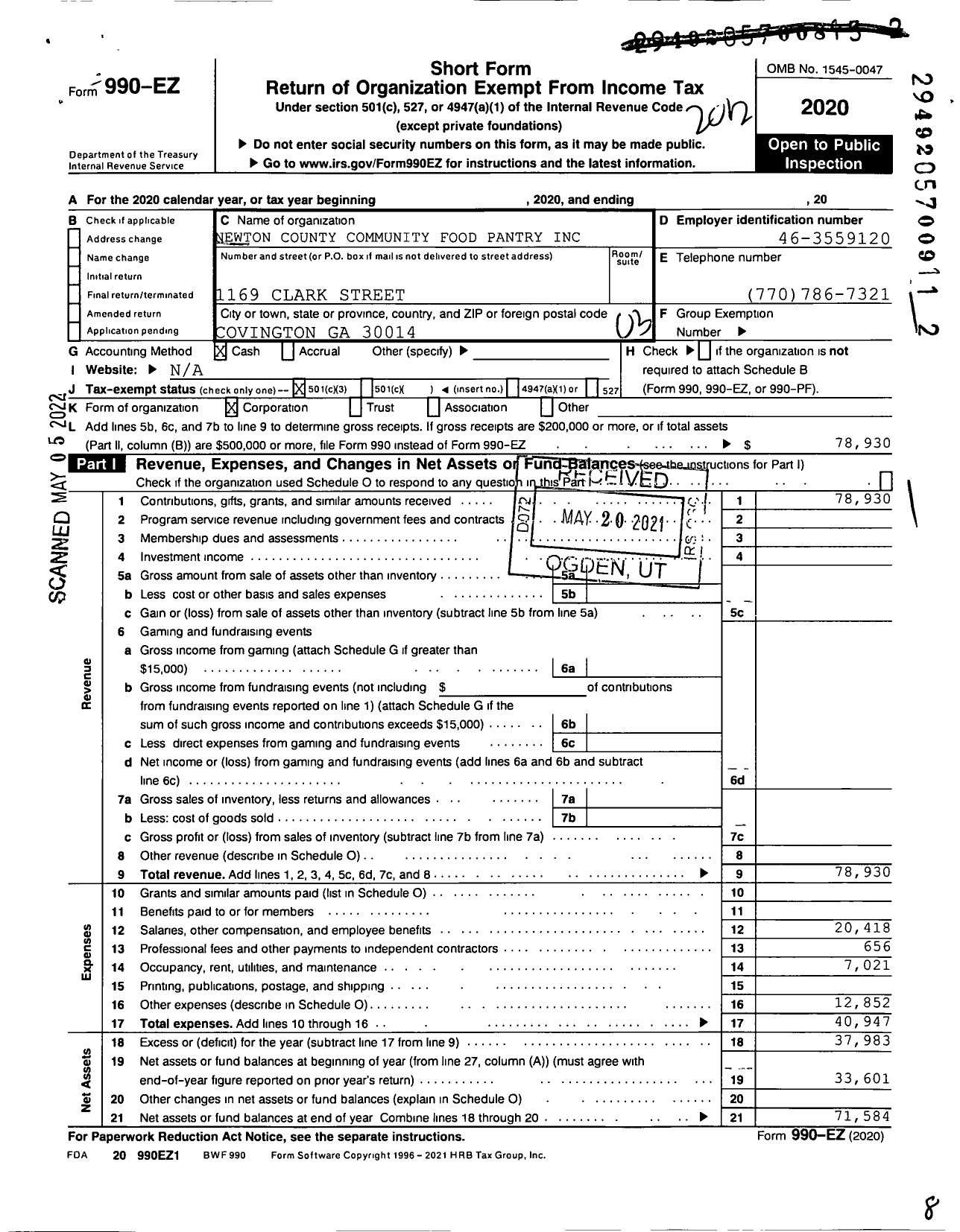 Image of first page of 2020 Form 990EZ for Newton County Community Food Pantry