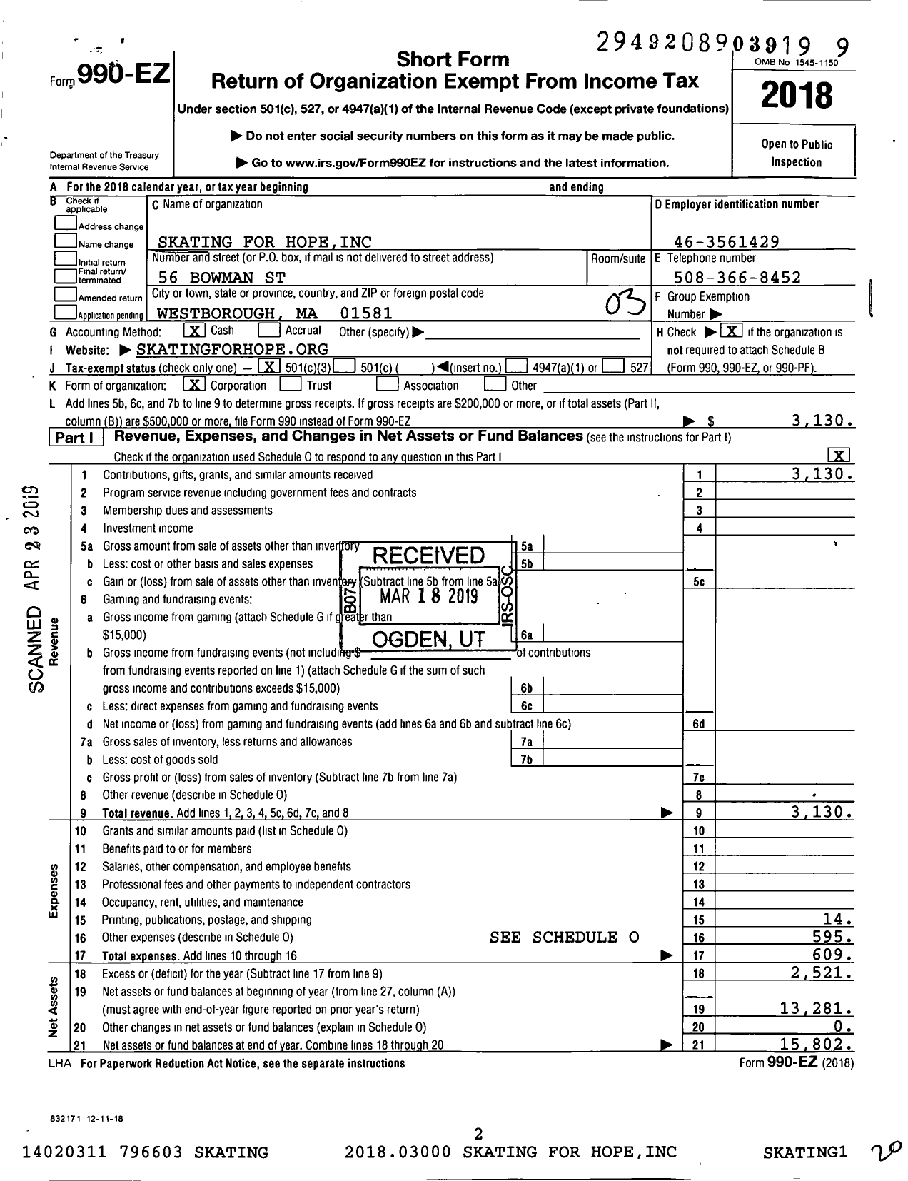 Image of first page of 2018 Form 990EZ for Skating for Hope