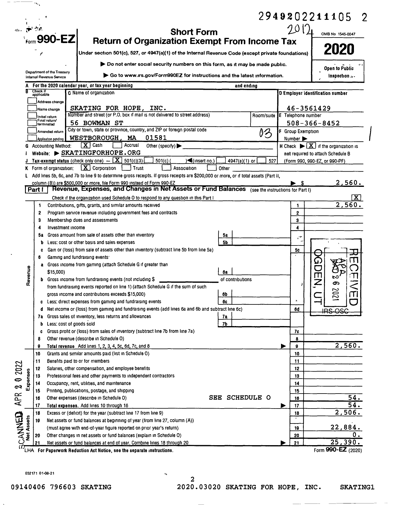 Image of first page of 2020 Form 990EZ for Skating for Hope