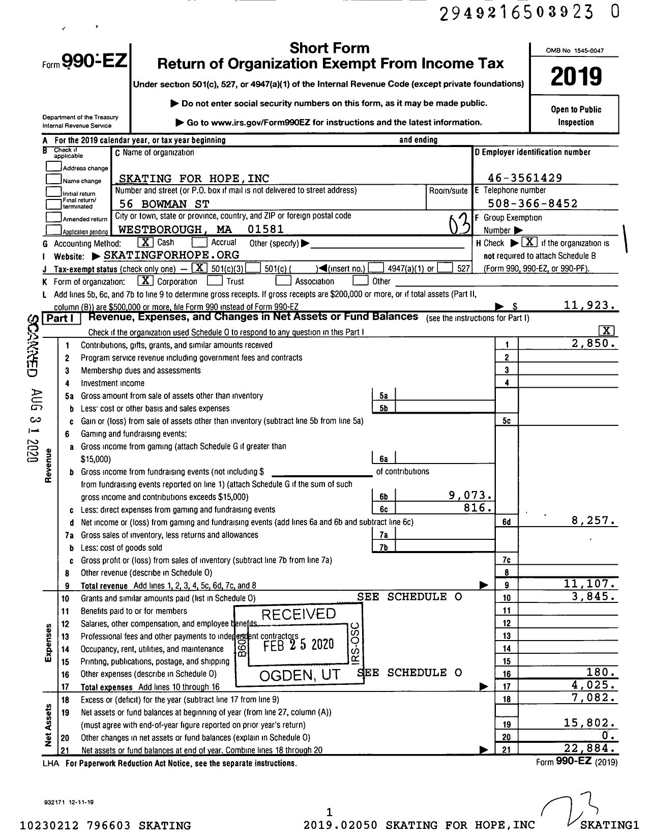 Image of first page of 2019 Form 990EZ for Skating for Hope