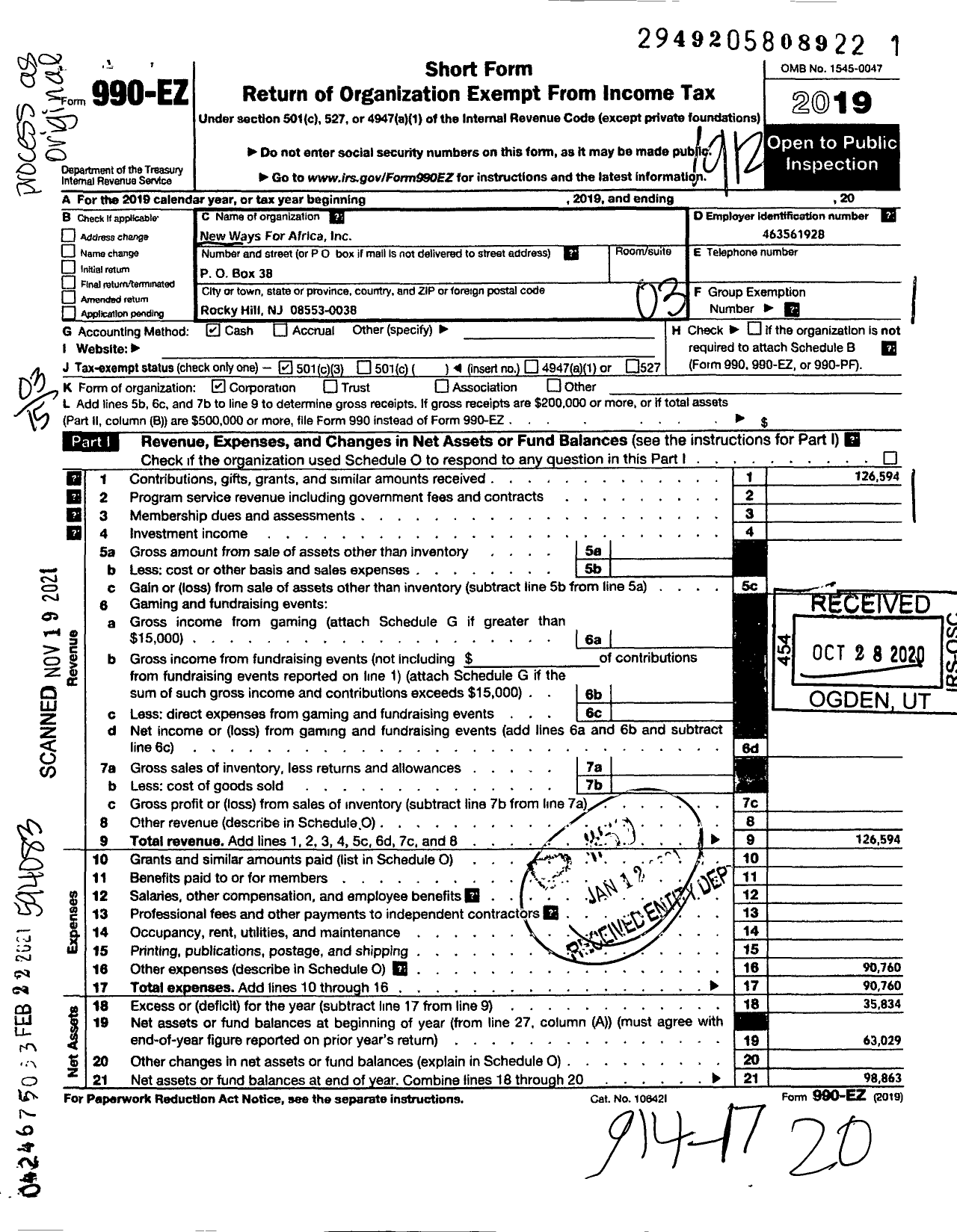 Image of first page of 2019 Form 990EZ for New Ways for Africa