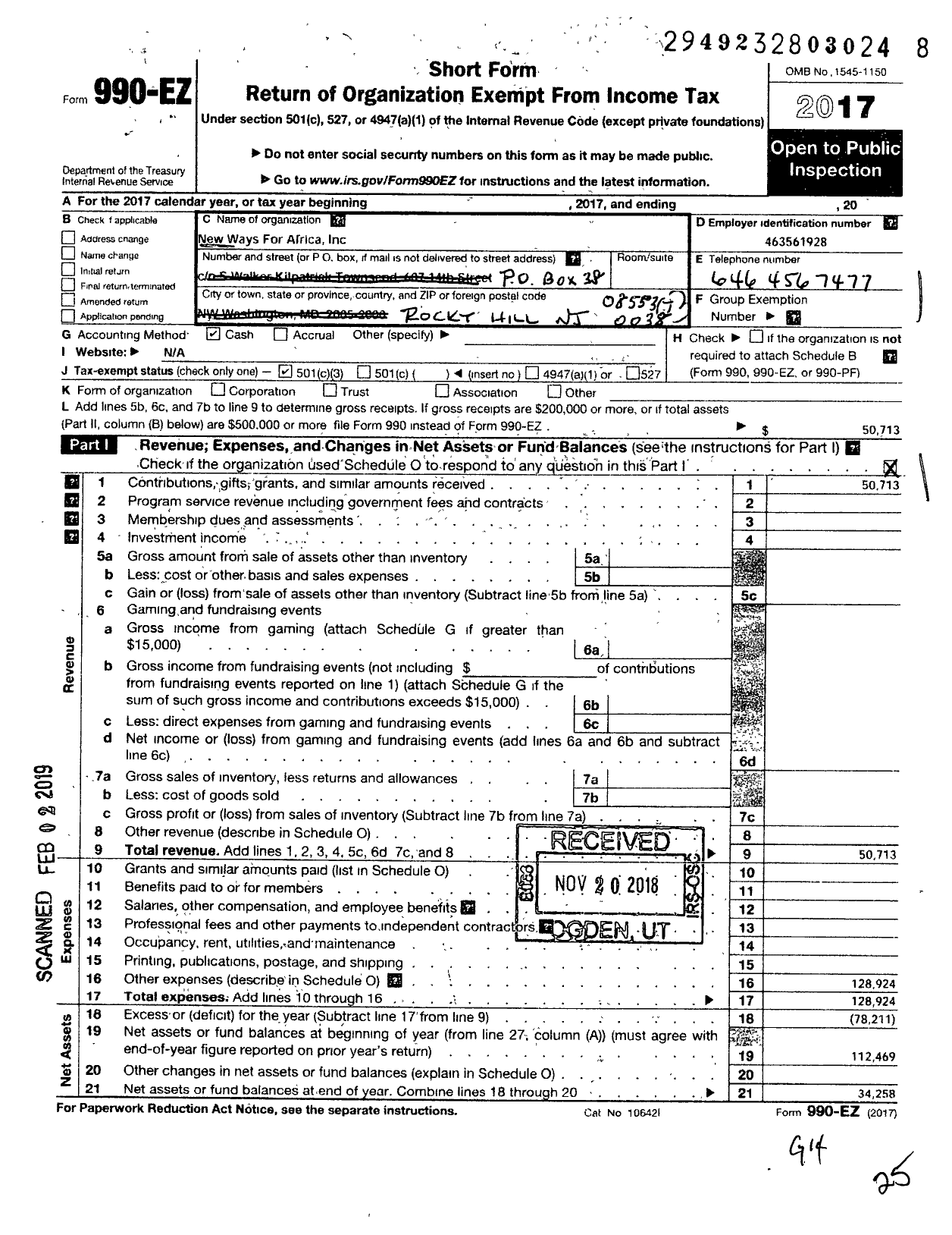 Image of first page of 2017 Form 990EZ for New Ways for Africa