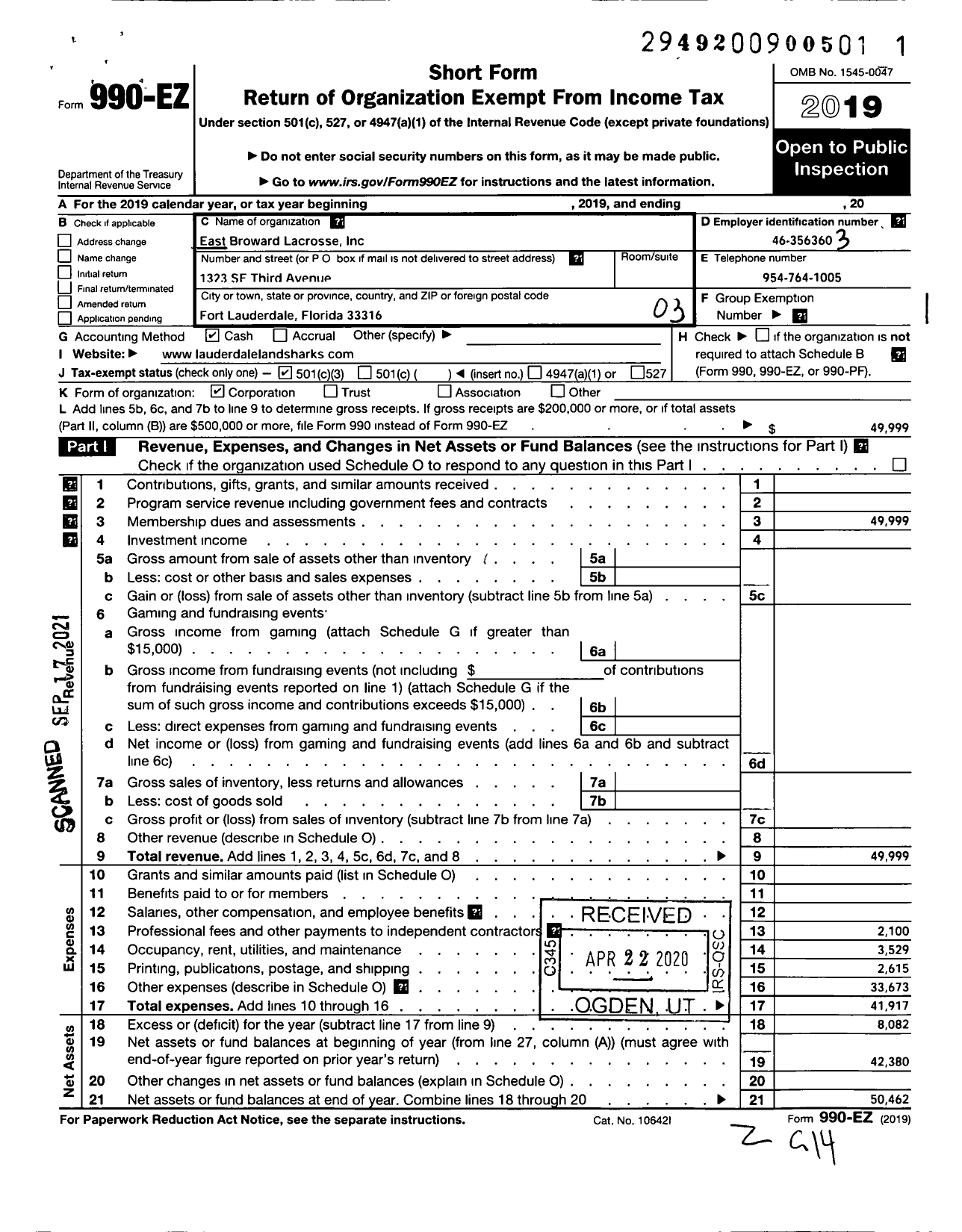 Image of first page of 2019 Form 990EZ for East Broward Lacrosse