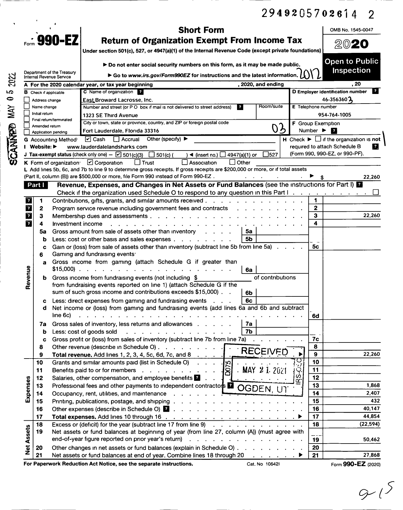 Image of first page of 2020 Form 990EZ for East Broward Lacrosse