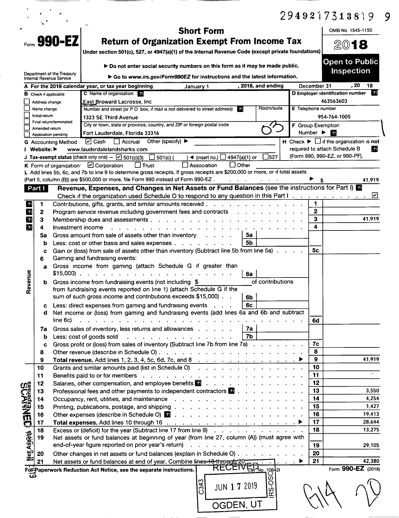 Image of first page of 2018 Form 990EZ for East Broward Lacrosse