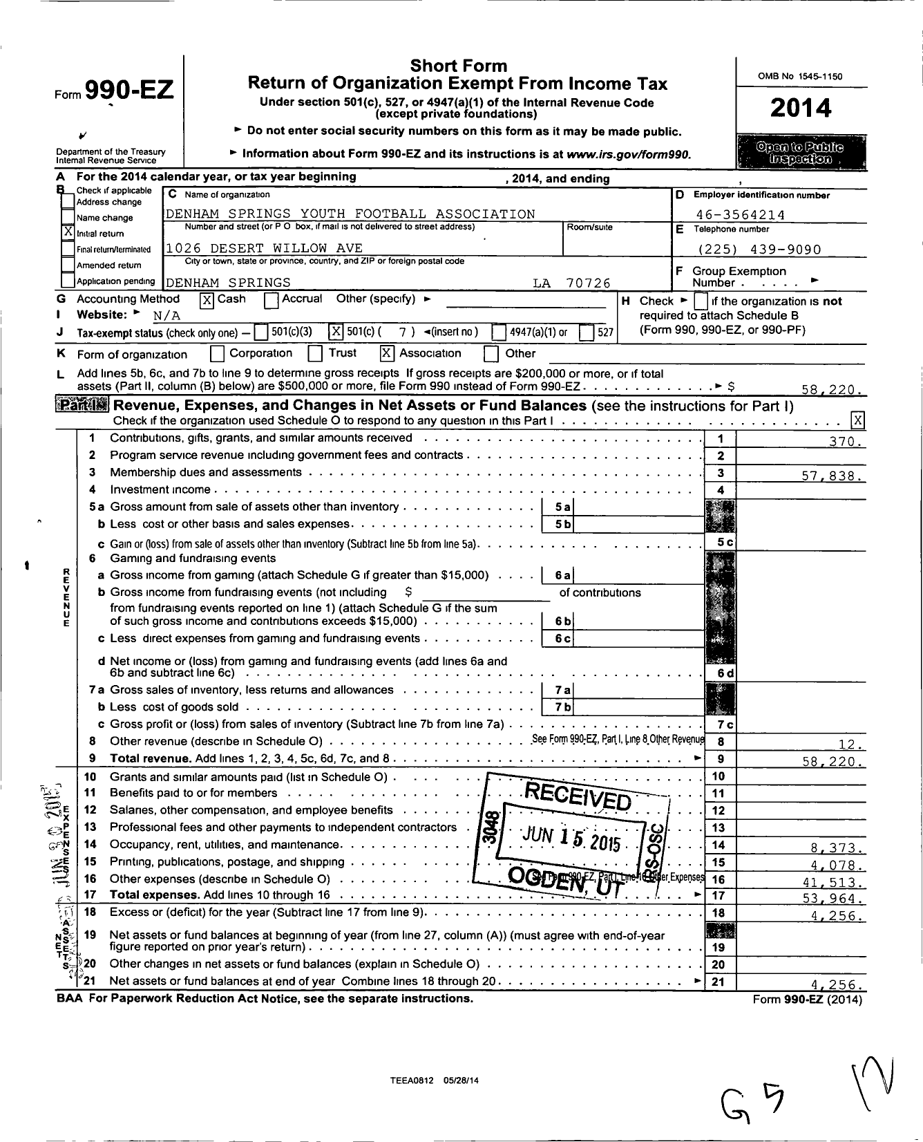 Image of first page of 2014 Form 990EO for Denham Springs Youth Football Association (DSYF)