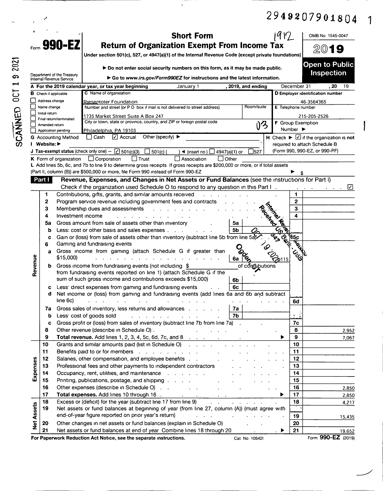 Image of first page of 2019 Form 990EZ for Riesentoter Foundation