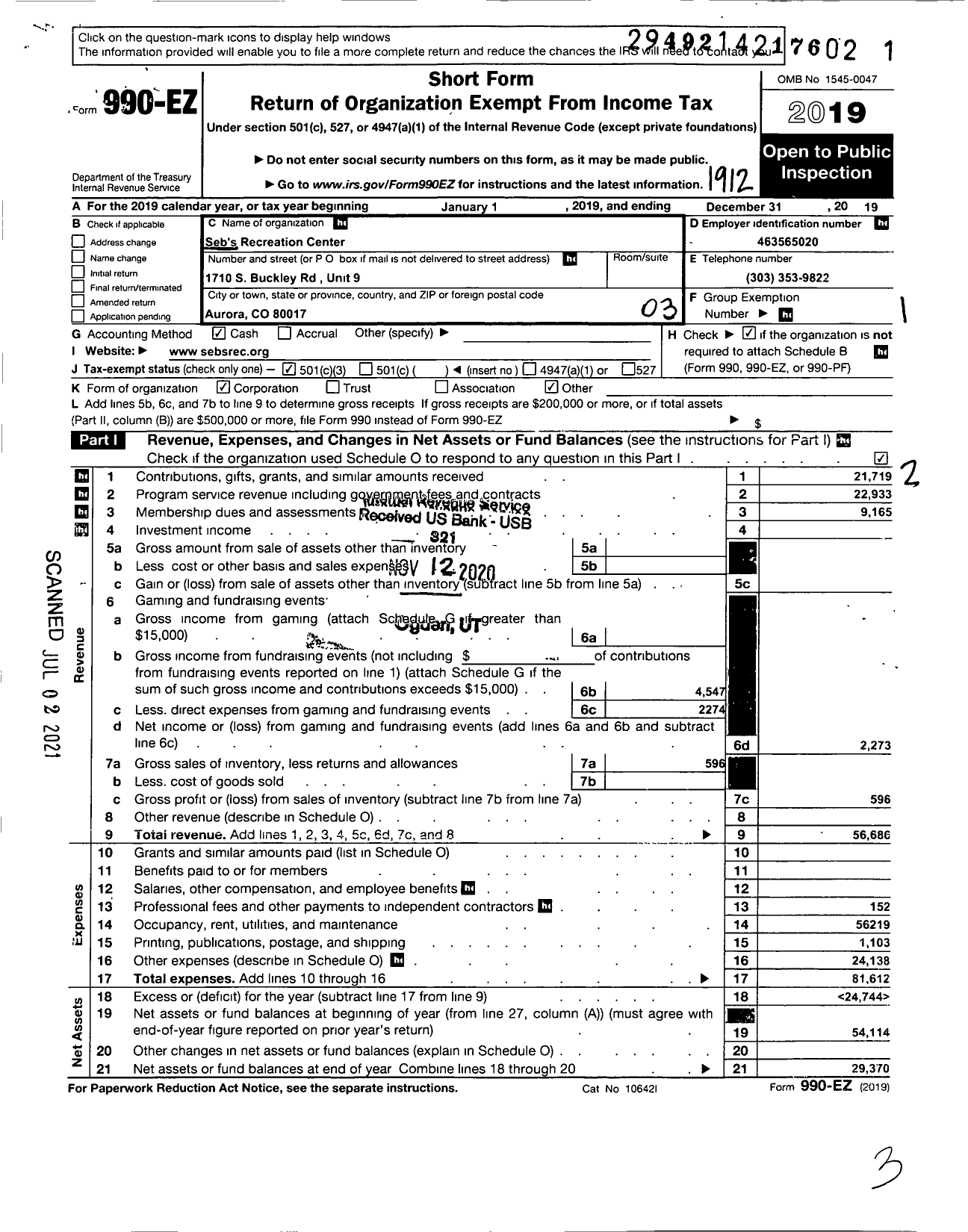 Image of first page of 2019 Form 990EZ for Seb's Recreation Center