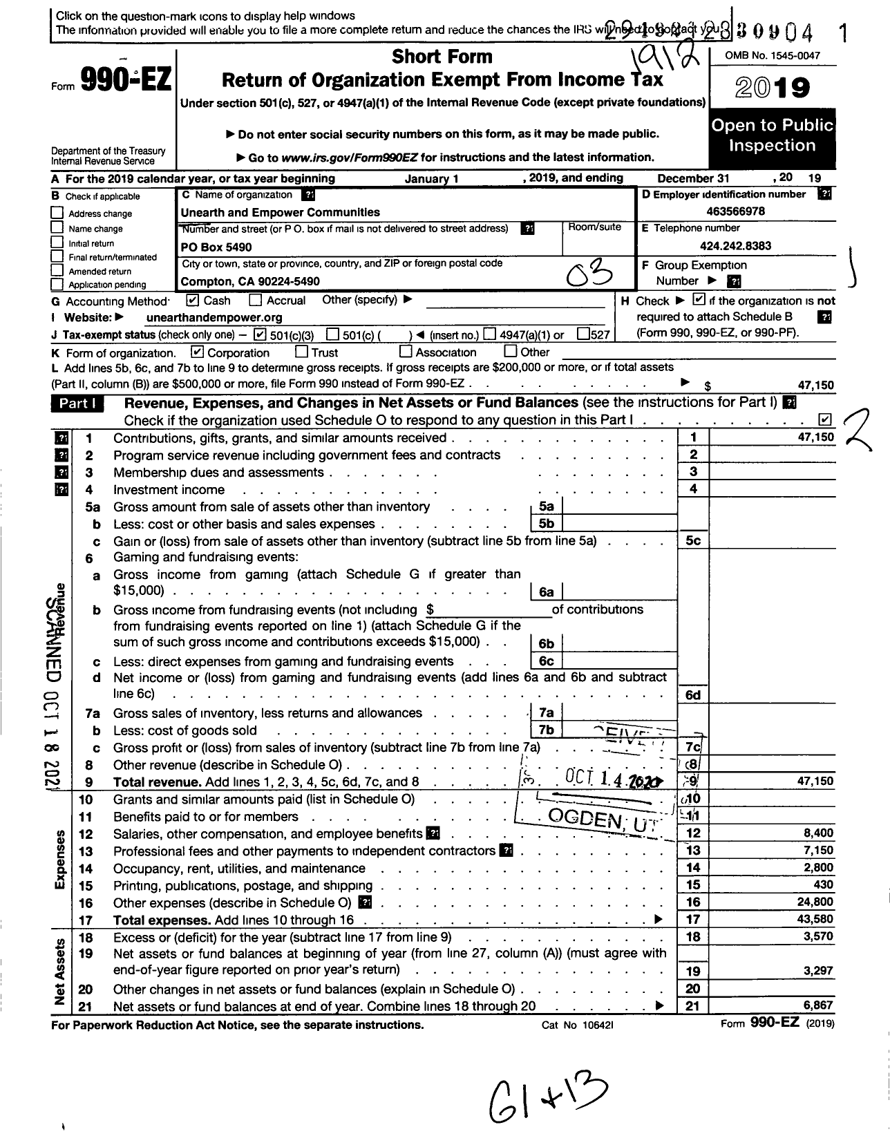 Image of first page of 2019 Form 990EZ for Unearth And Empower Communities