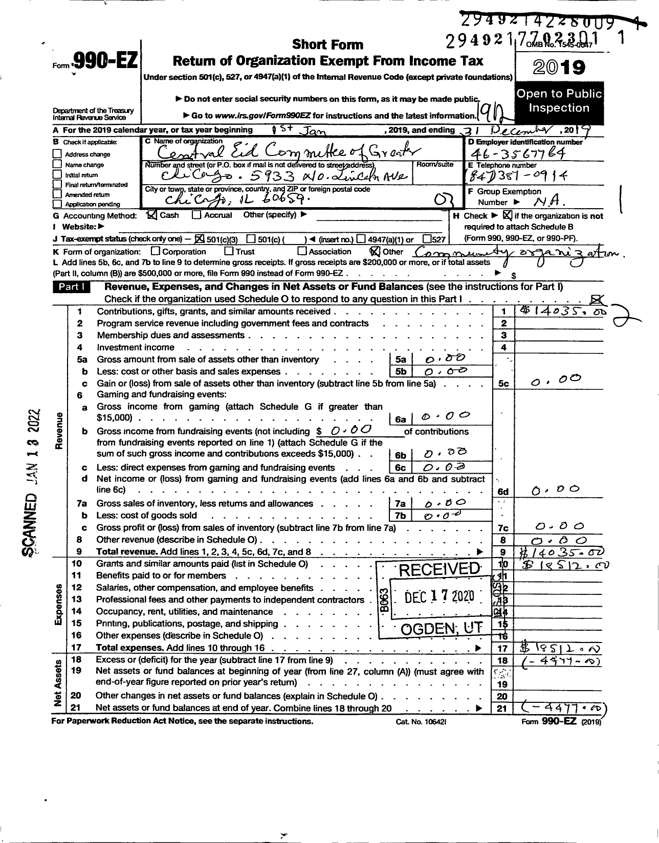 Image of first page of 2019 Form 990EZ for Central Eid Committee of Greater