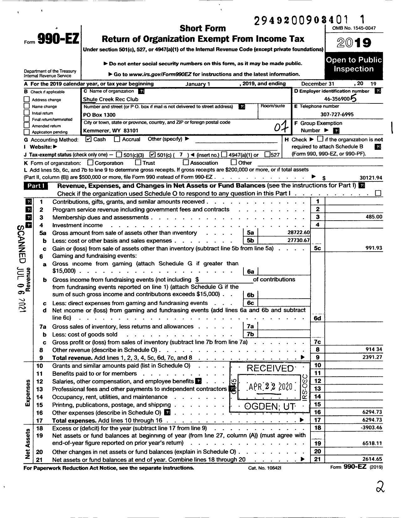 Image of first page of 2019 Form 990EO for Shute Creek Rec Club