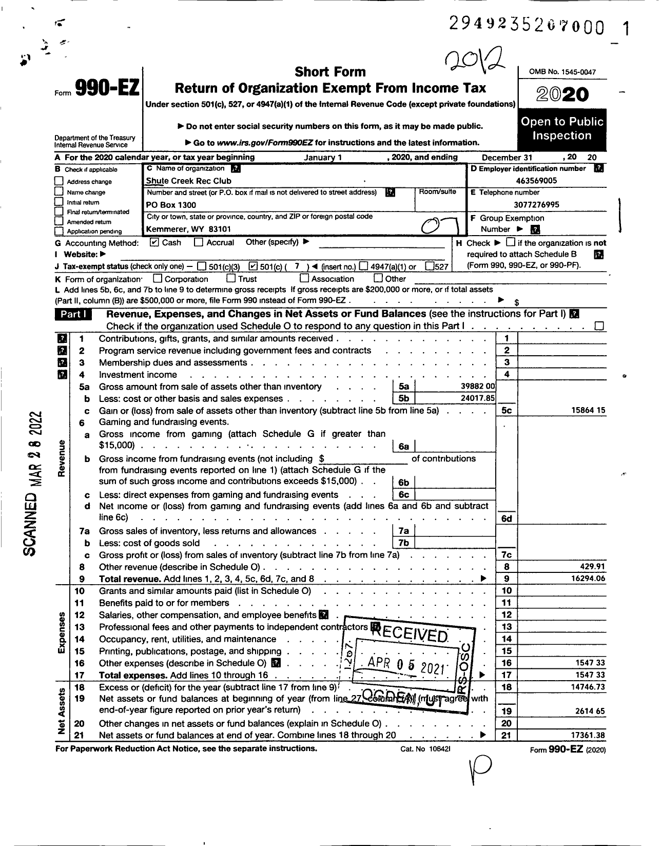 Image of first page of 2020 Form 990EO for Shute Creek Rec Club