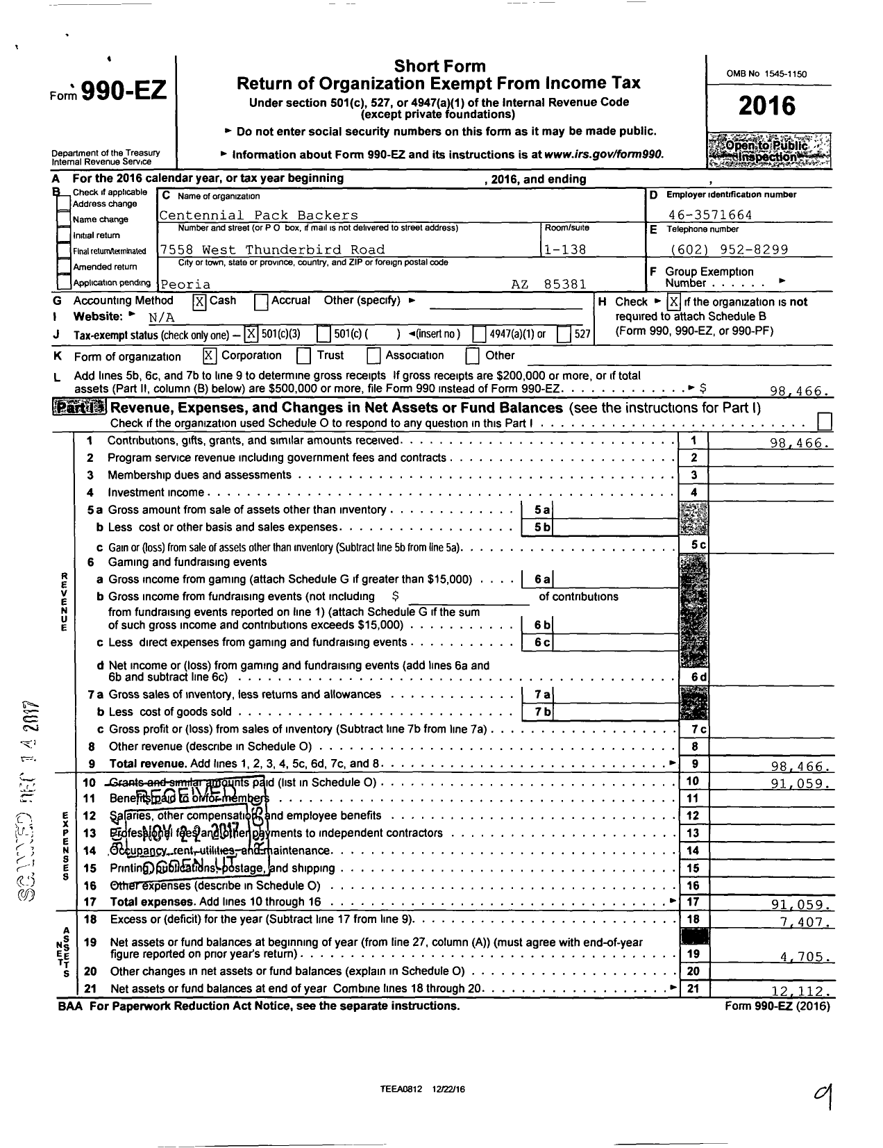 Image of first page of 2016 Form 990EZ for Centennial Pack Backers