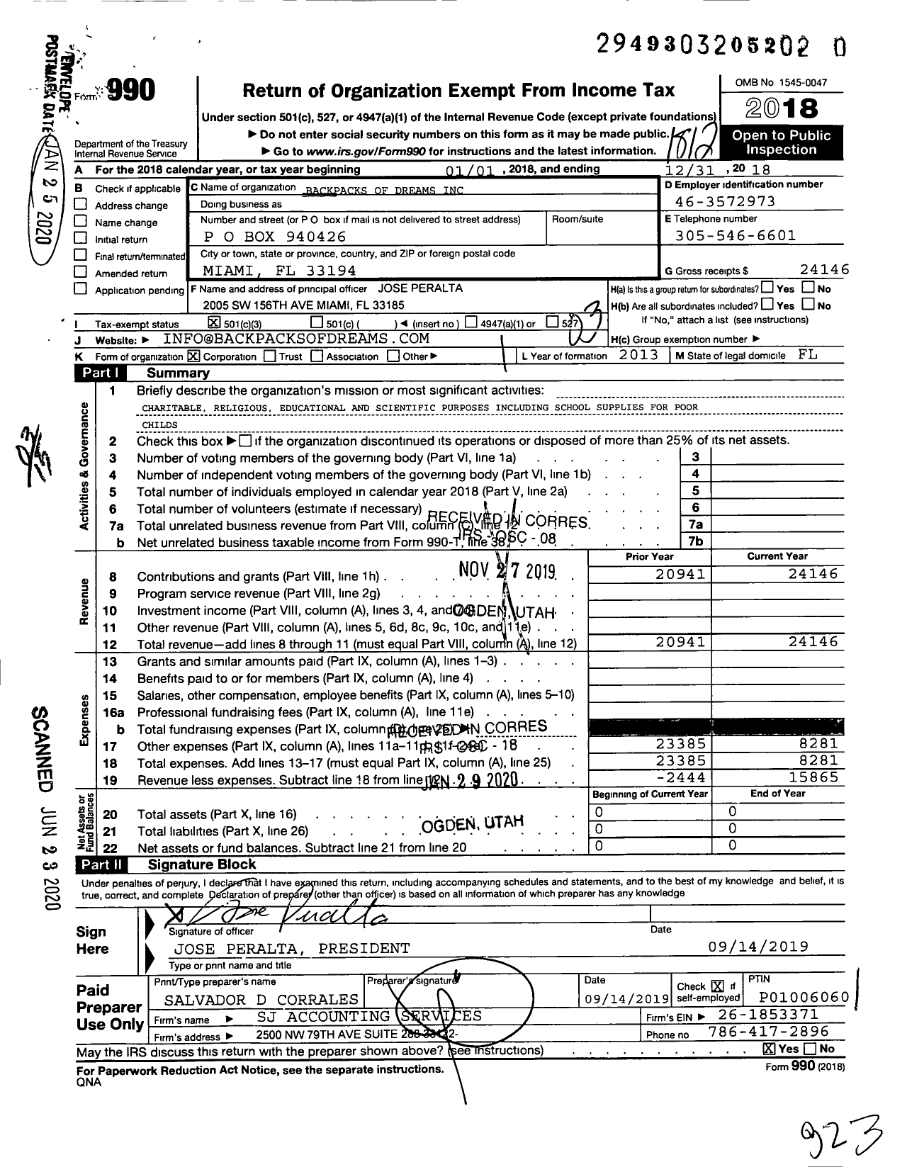 Image of first page of 2018 Form 990 for Backpacks of Dreams