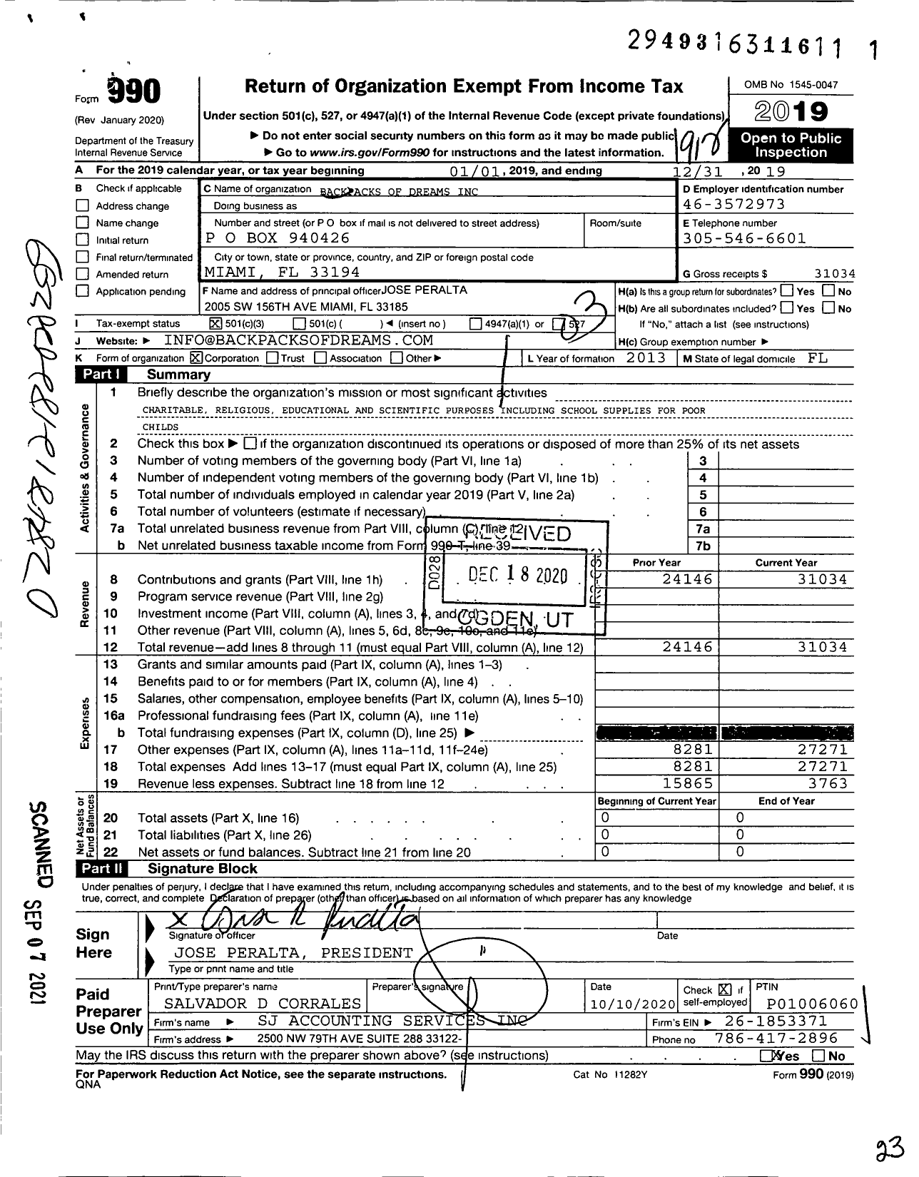 Image of first page of 2019 Form 990 for Backpacks of Dreams