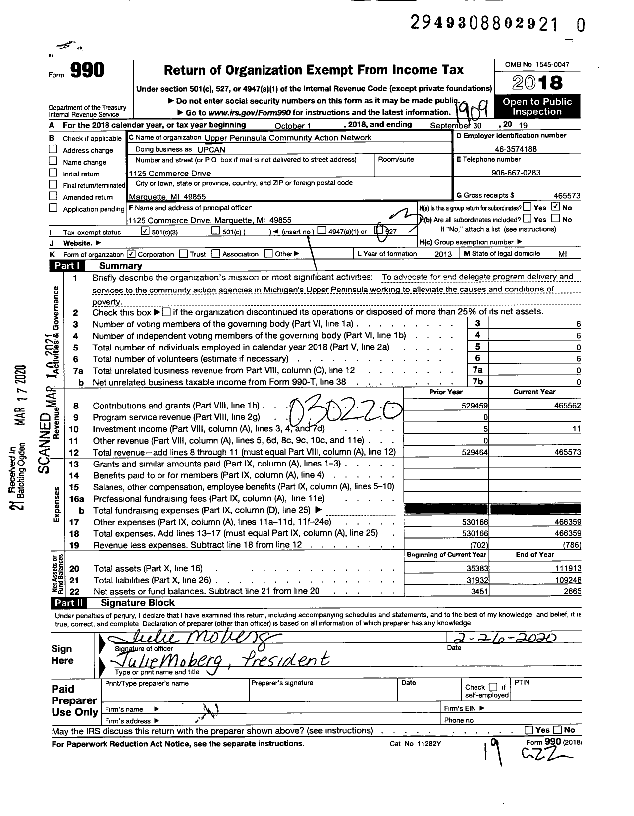 Image of first page of 2018 Form 990 for UPPER PENiNsUlA COMMUNITY ACTION NETWORK (UPCAN)