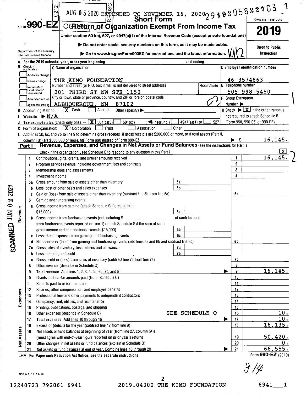 Image of first page of 2019 Form 990EZ for The Kimo Foundation