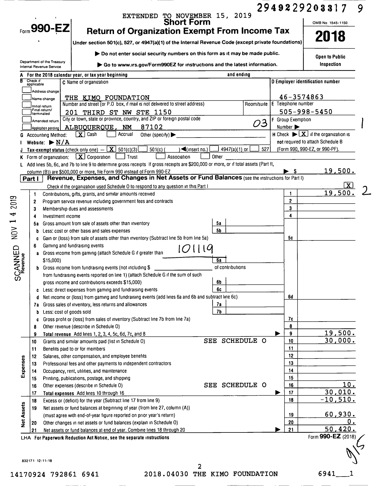 Image of first page of 2018 Form 990EZ for The Kimo Foundation