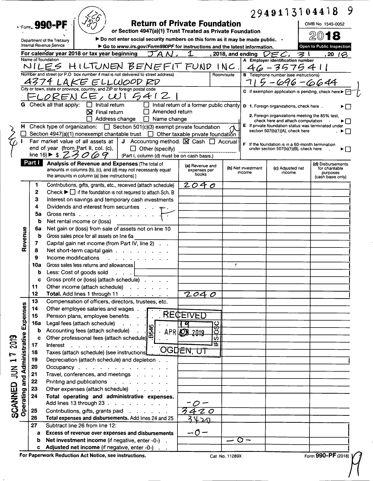 Image of first page of 2018 Form 990PF for Niles Hiltunen Benefit Fund