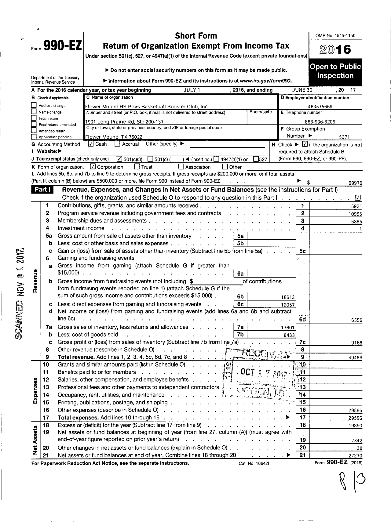 Image of first page of 2016 Form 990EZ for Flower Mound HS Boys Basketball Booster Club