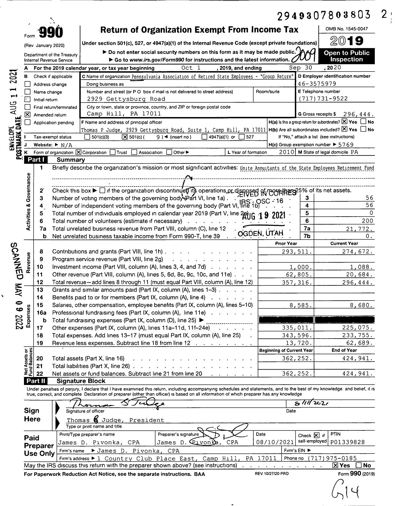 Image of first page of 2019 Form 990O for Pennsylvania Association of Retired State Employees - Group Return