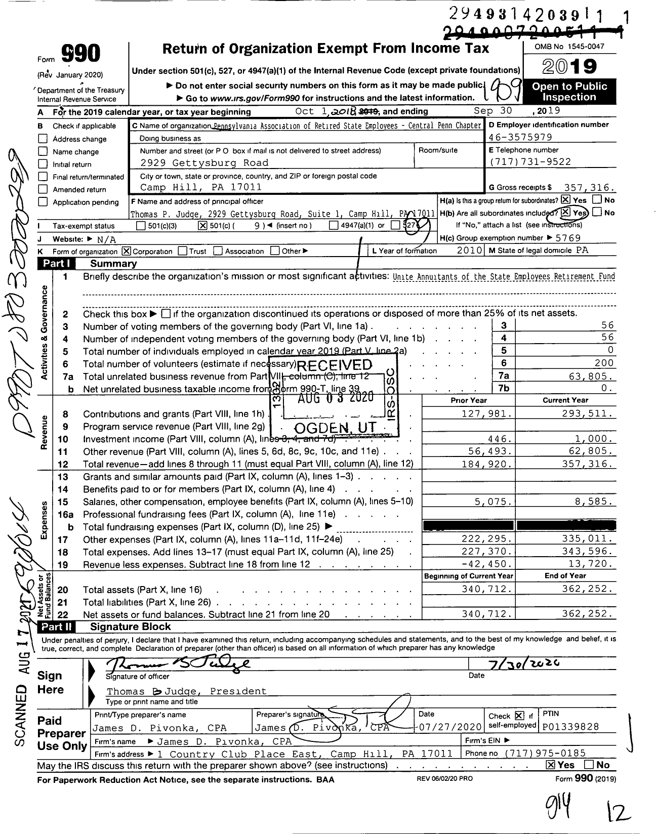 Image of first page of 2018 Form 990O for Pennsylvania Association of Retired State Employees - Group Return