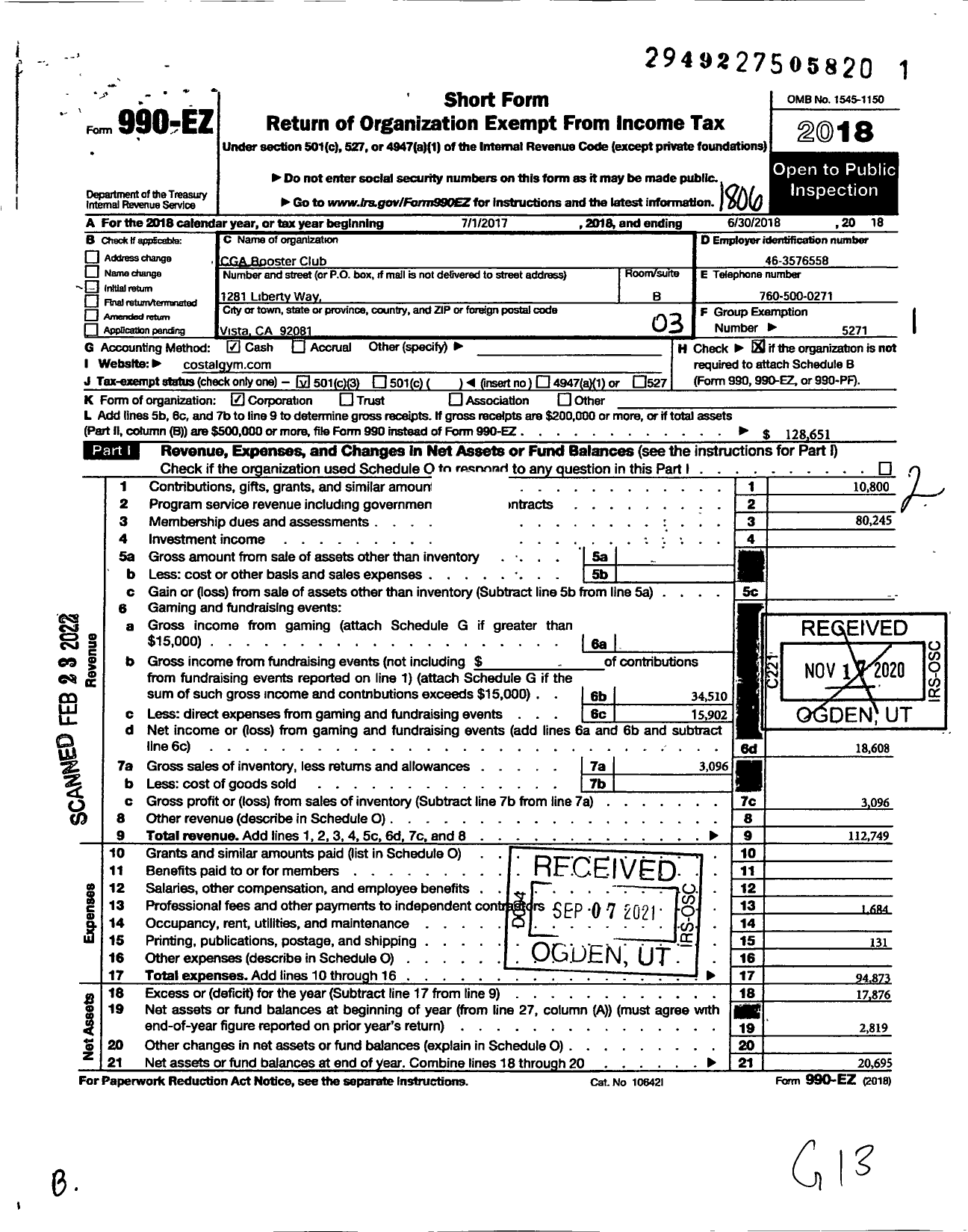 Image of first page of 2017 Form 990EZ for CGA Booster Club