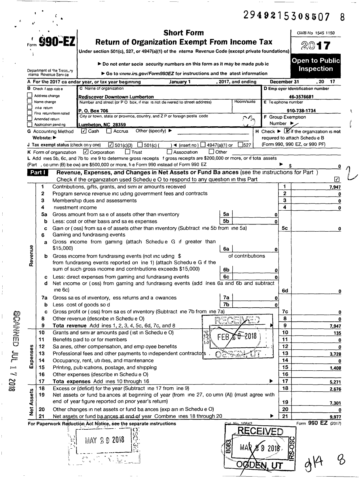 Image of first page of 2017 Form 990EZ for Rediscover Downtown Lumberton