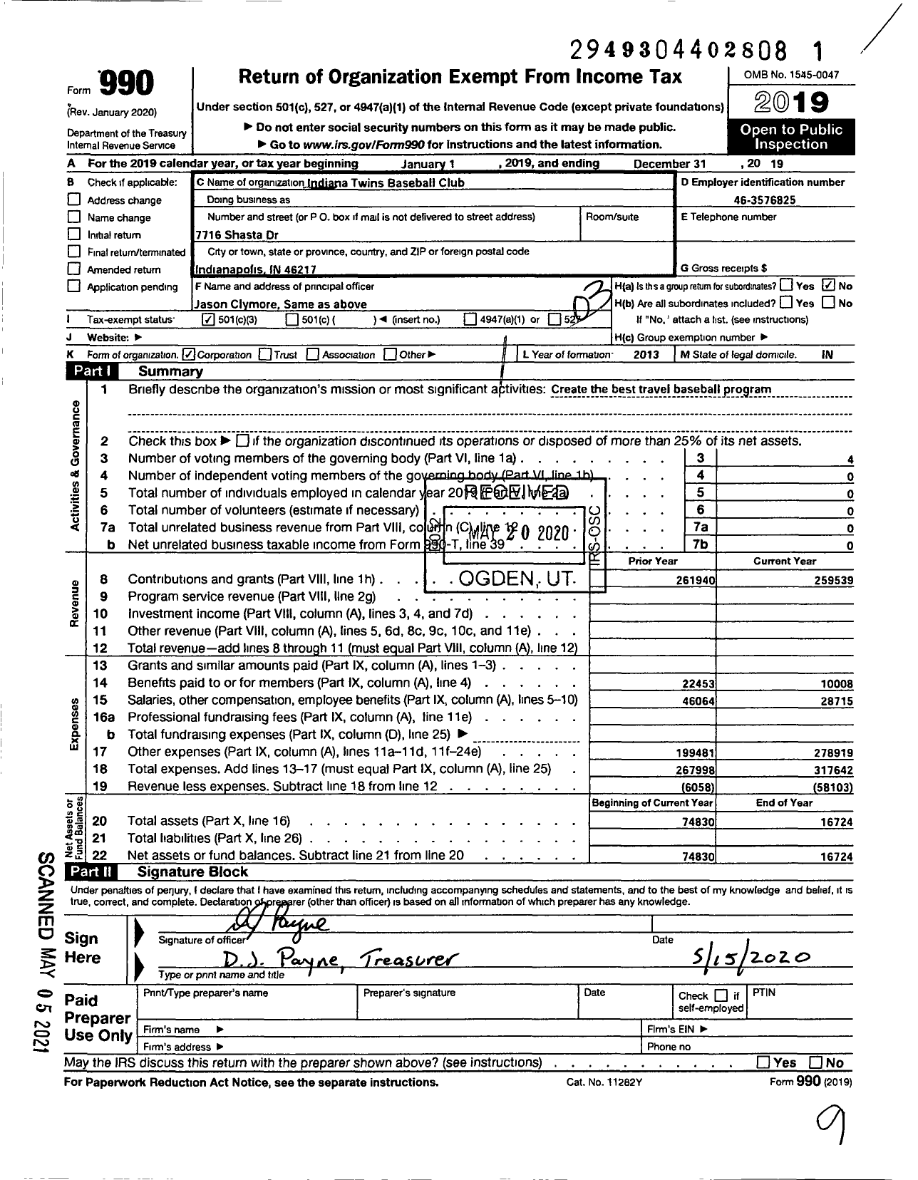 Image of first page of 2019 Form 990 for Canes Indiana Baseball Club