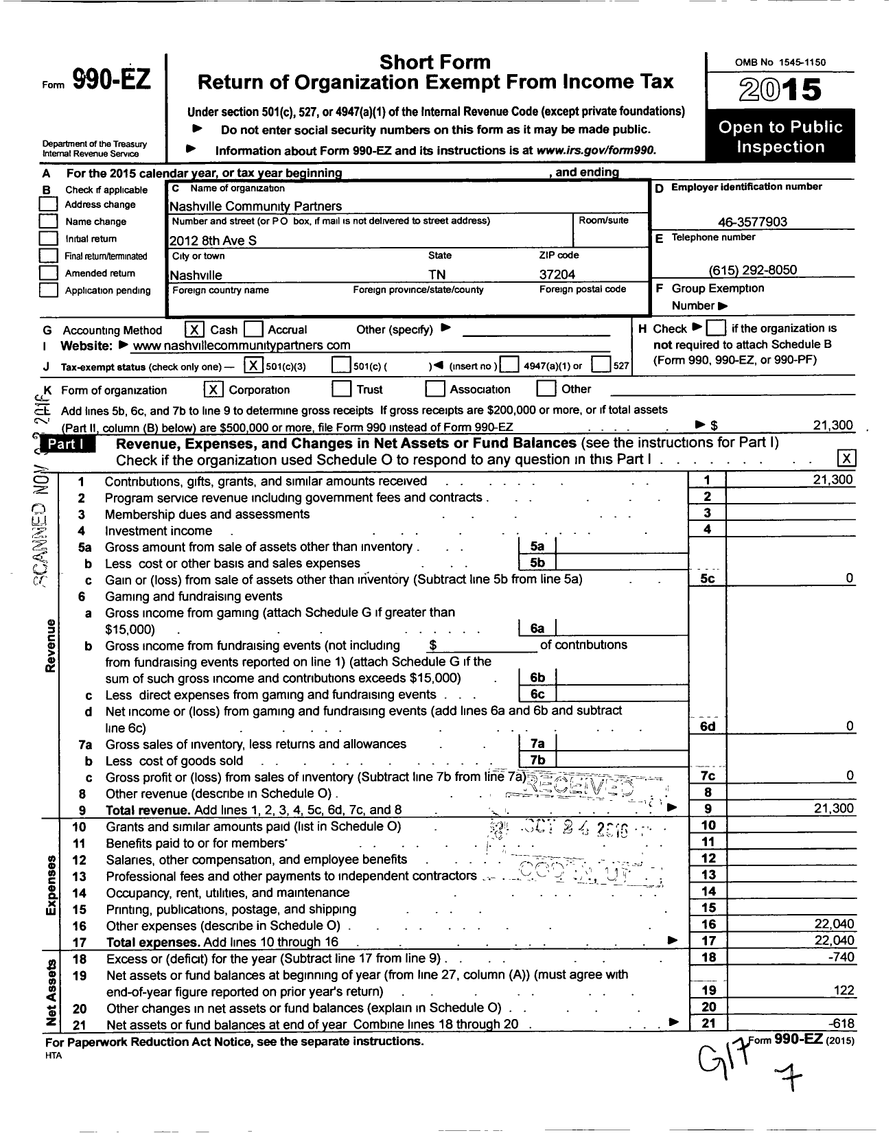 Image of first page of 2015 Form 990EZ for Nashville Community Partners