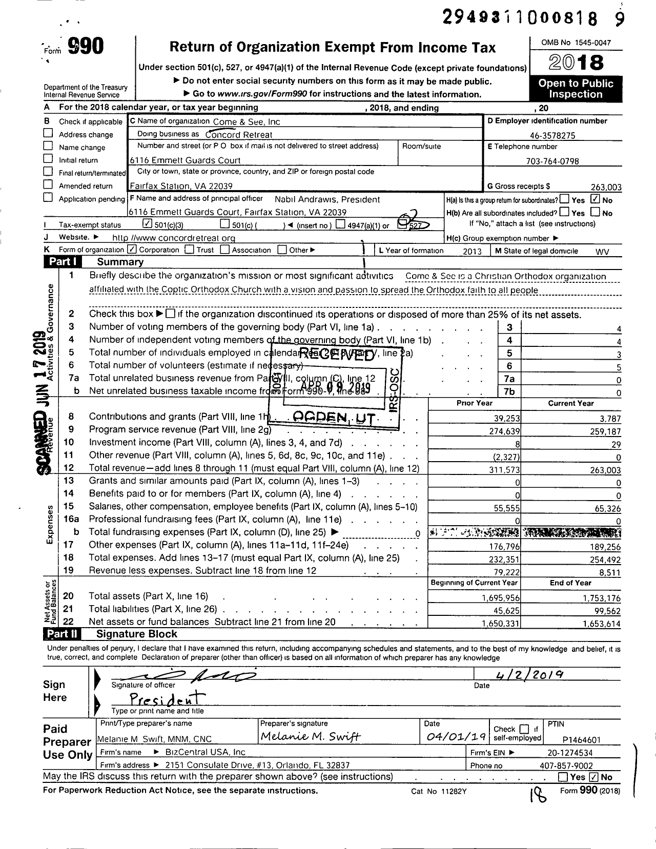 Image of first page of 2018 Form 990 for Concord Retreat