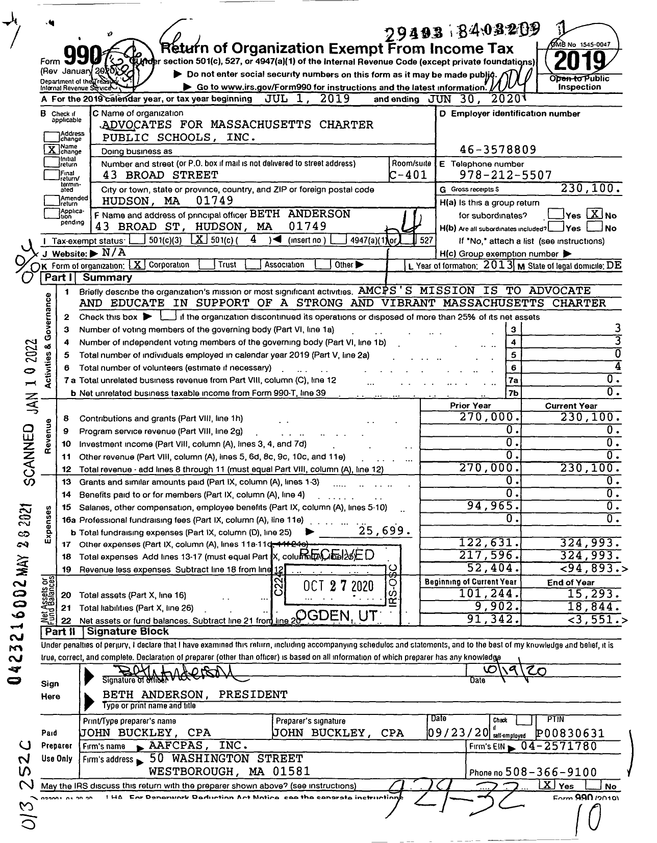 Image of first page of 2019 Form 990O for Advocates for Massachusetts Charter Public Schools