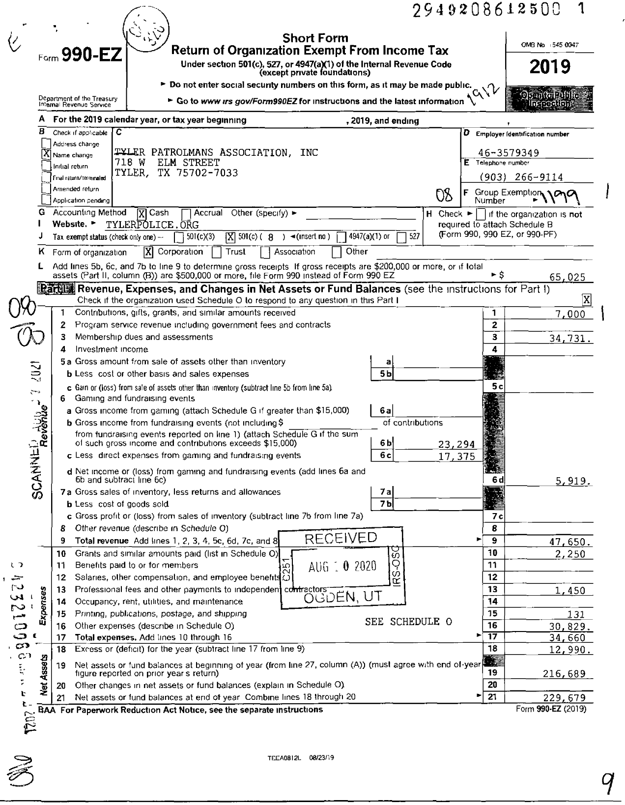 Image of first page of 2019 Form 990EO for Fraternal Order of Police - Tyler Patrolmans Association