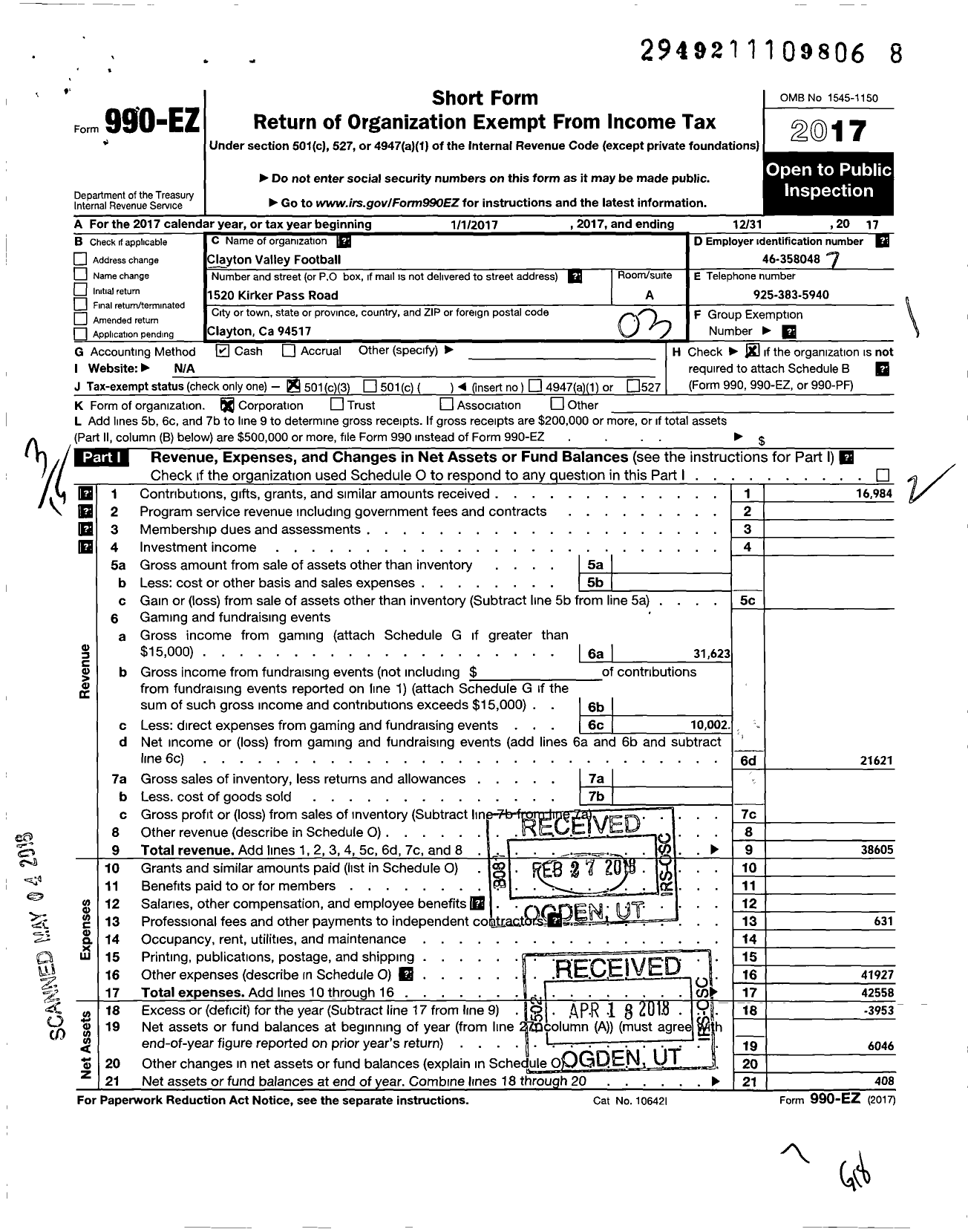 Image of first page of 2017 Form 990EZ for Clayton Valley Football