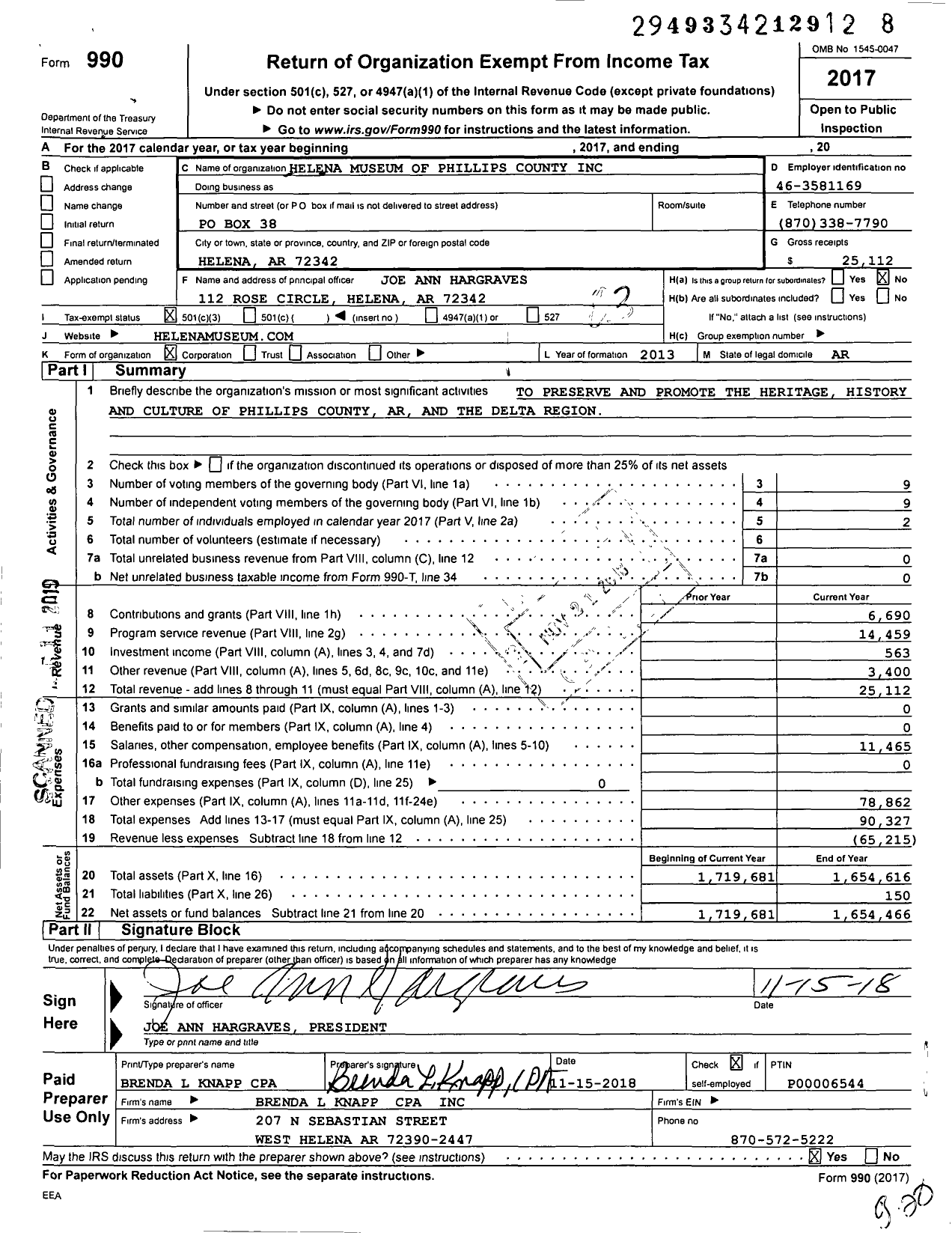 Image of first page of 2017 Form 990 for Helena Museum of Phillips County