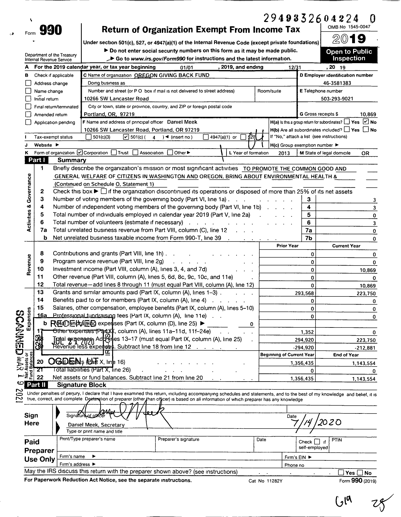 Image of first page of 2019 Form 990O for Oregon Giving Back Fund