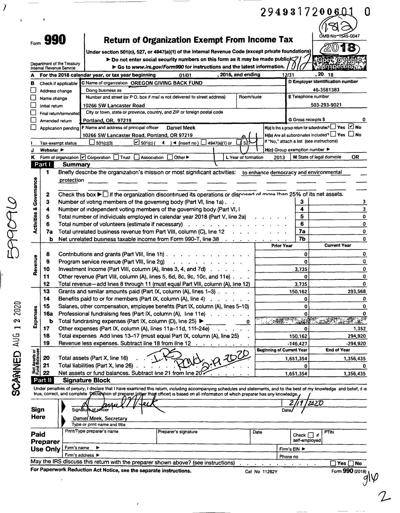 Image of first page of 2018 Form 990O for Oregon Giving Back Fund