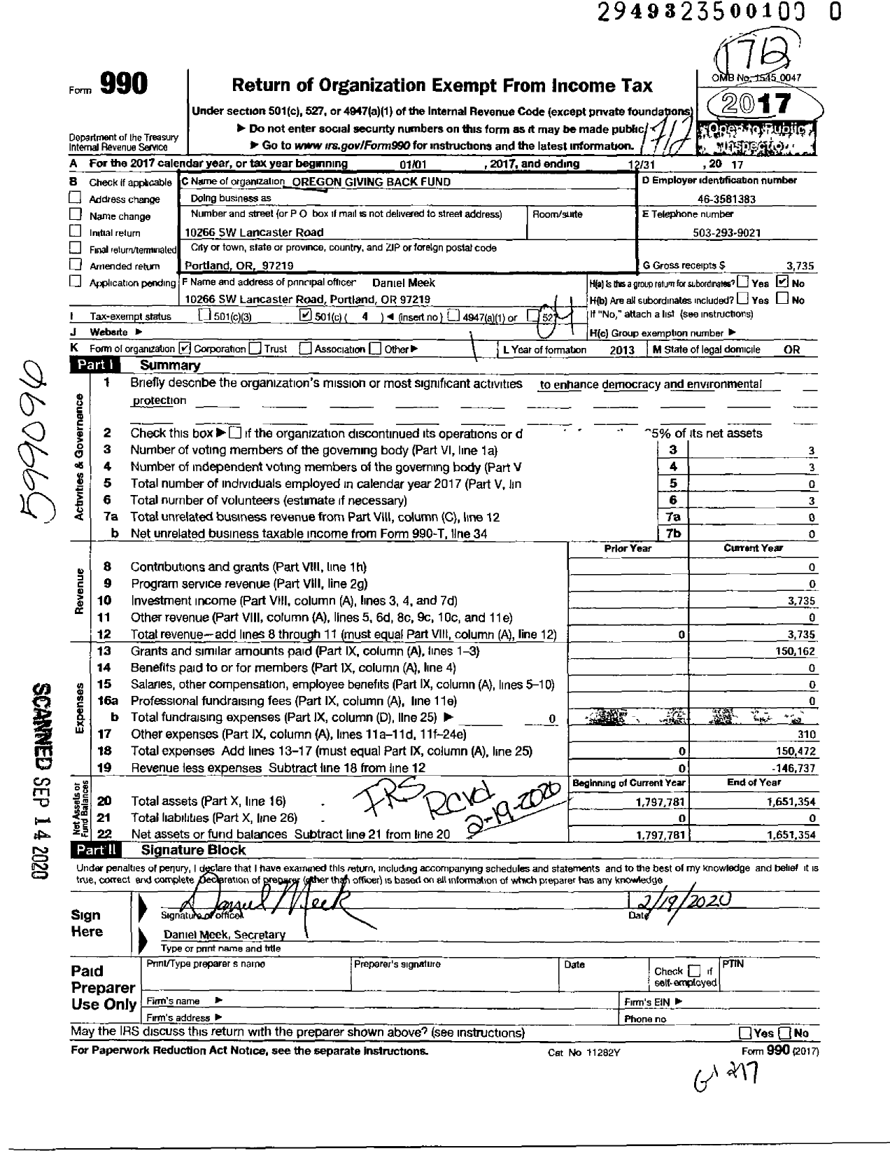 Image of first page of 2017 Form 990O for Oregon Giving Back Fund