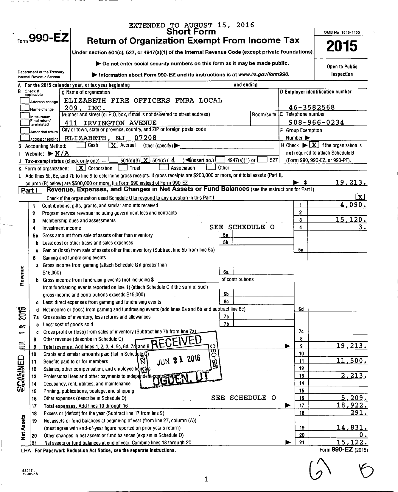 Image of first page of 2015 Form 990EO for New Jersey State Firemens Mutual Benevolent Association - 209 Local Elizabeth Fo