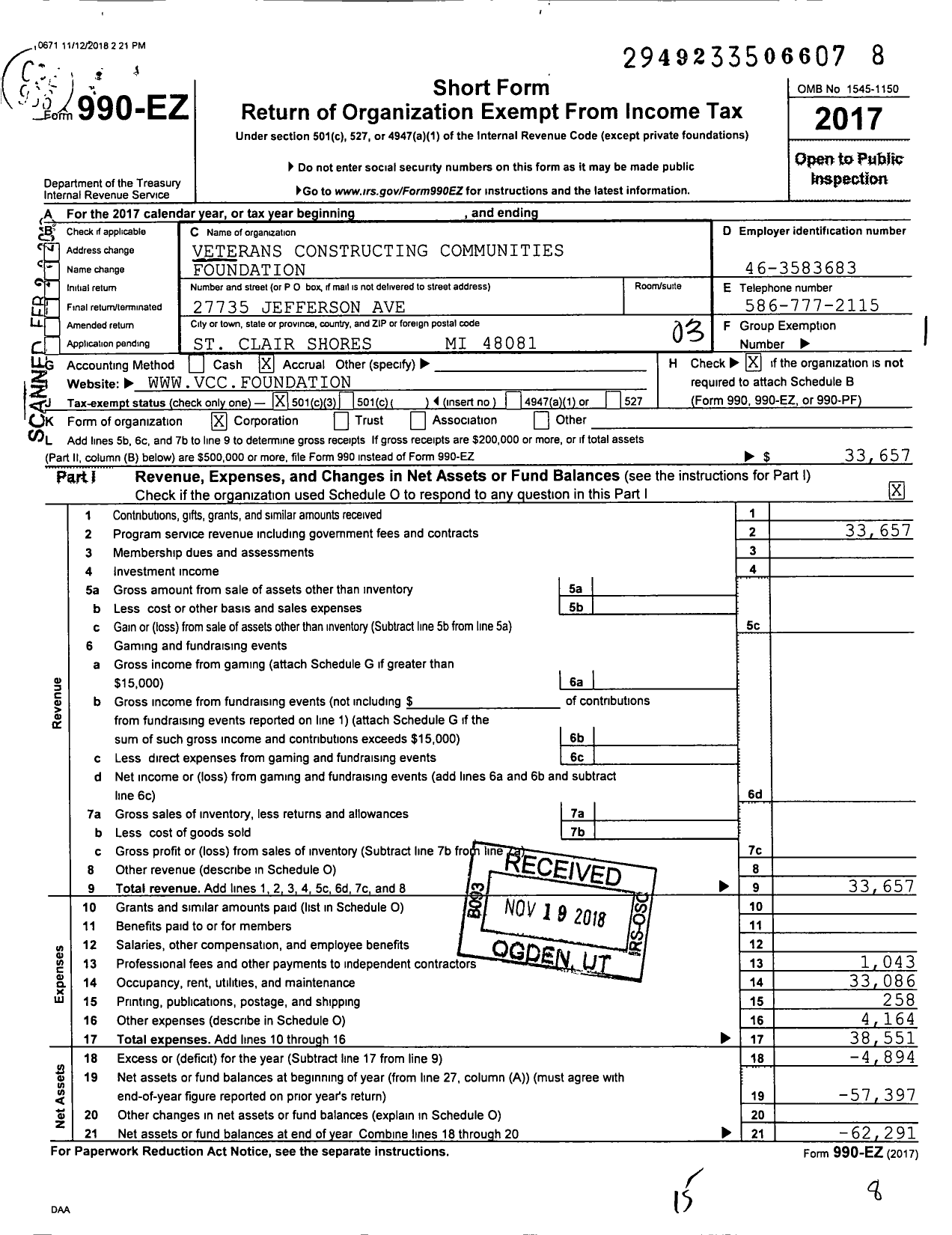 Image of first page of 2017 Form 990EZ for Veterans Constructing Communities Foundation