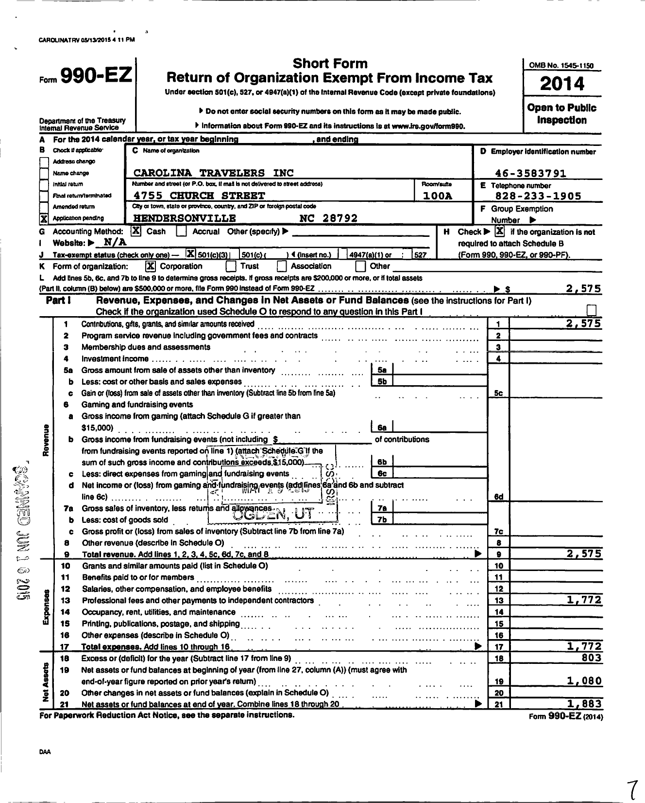 Image of first page of 2014 Form 990EZ for Carolina Travelers