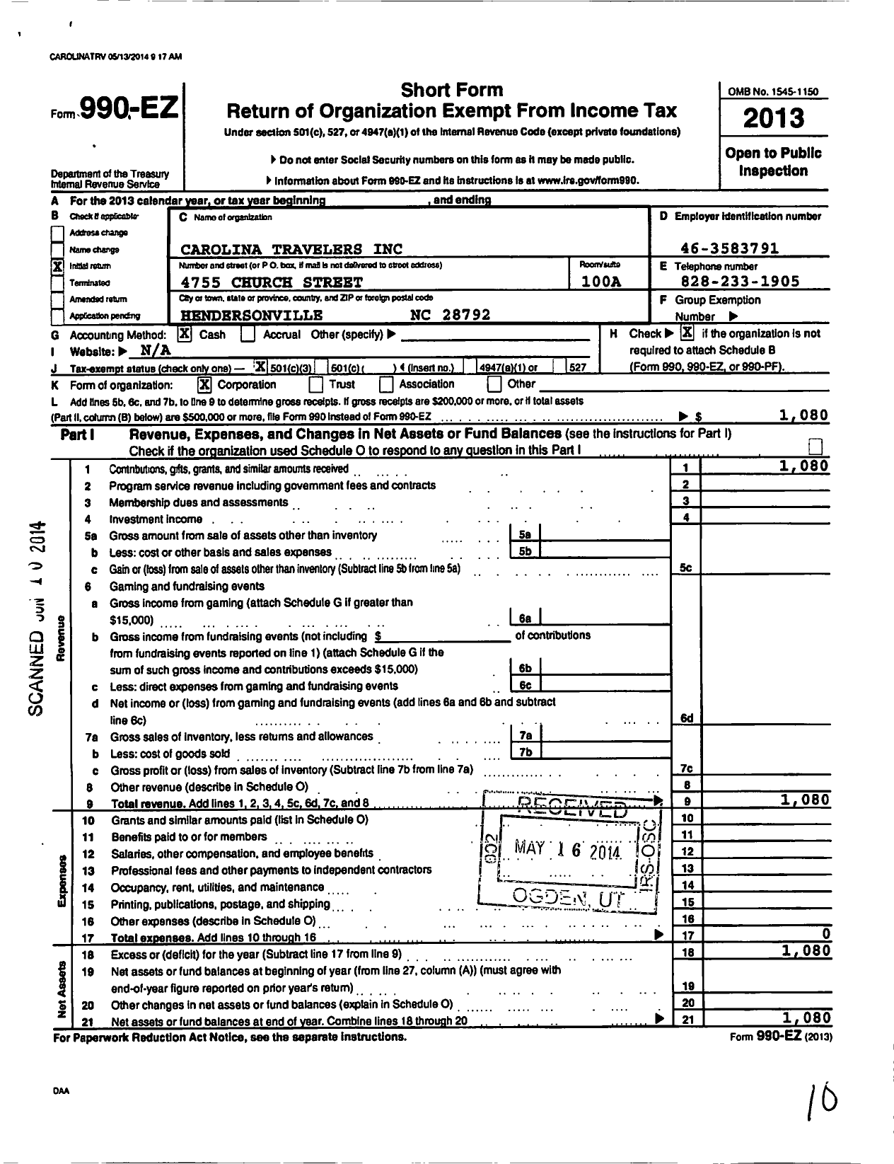 Image of first page of 2013 Form 990EZ for Carolina Travelers