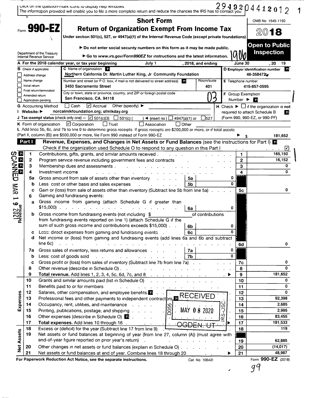 Image of first page of 2018 Form 990EZ for Northern California Dr Martin Luther King JR Community Foundation