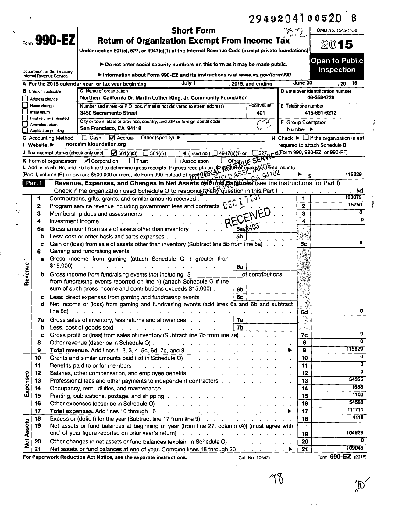 Image of first page of 2015 Form 990EZ for Northern California Dr Martin Luther King JR Community Foundation