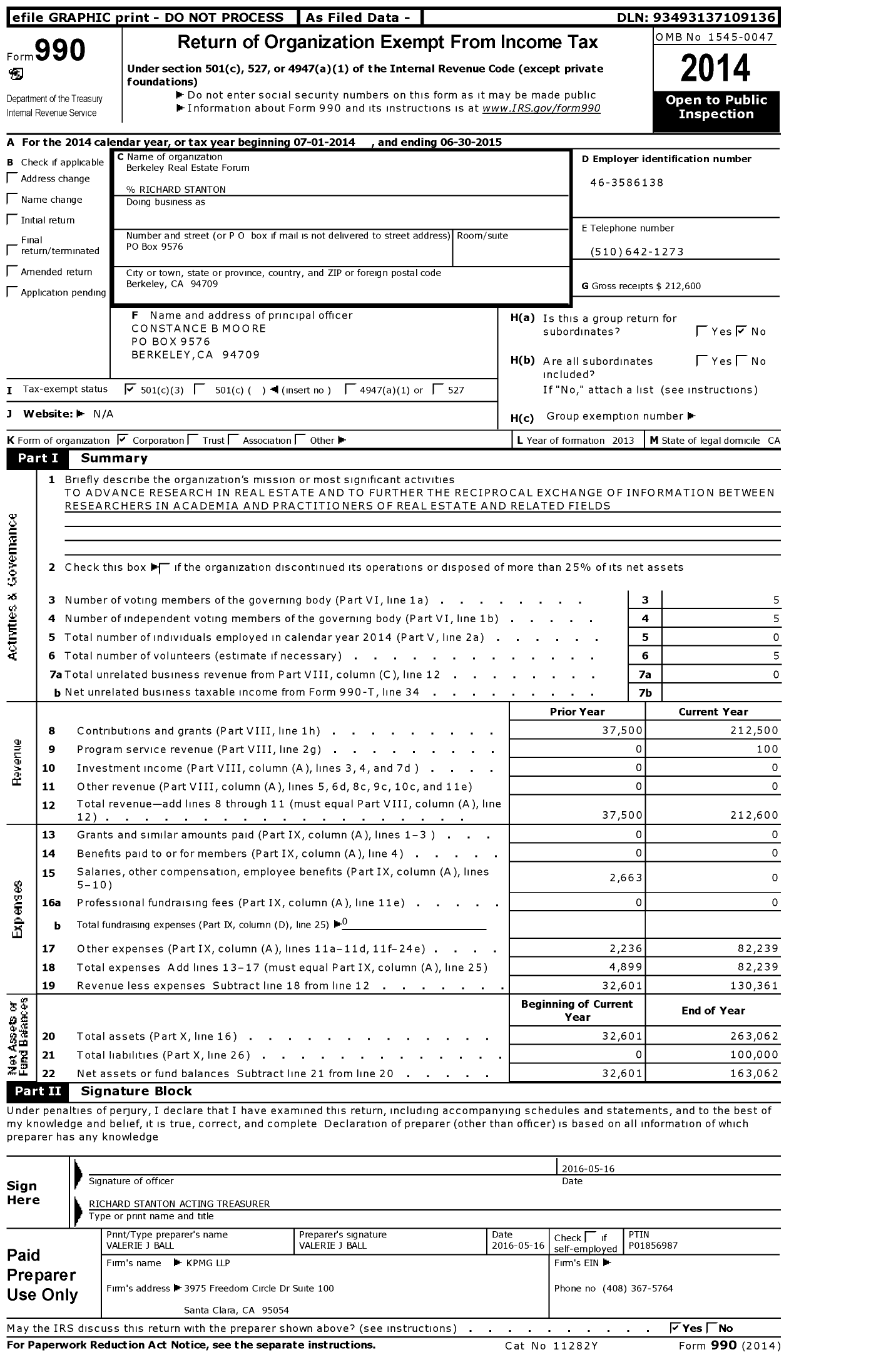 Image of first page of 2014 Form 990 for Berkeley Real Estate Forum