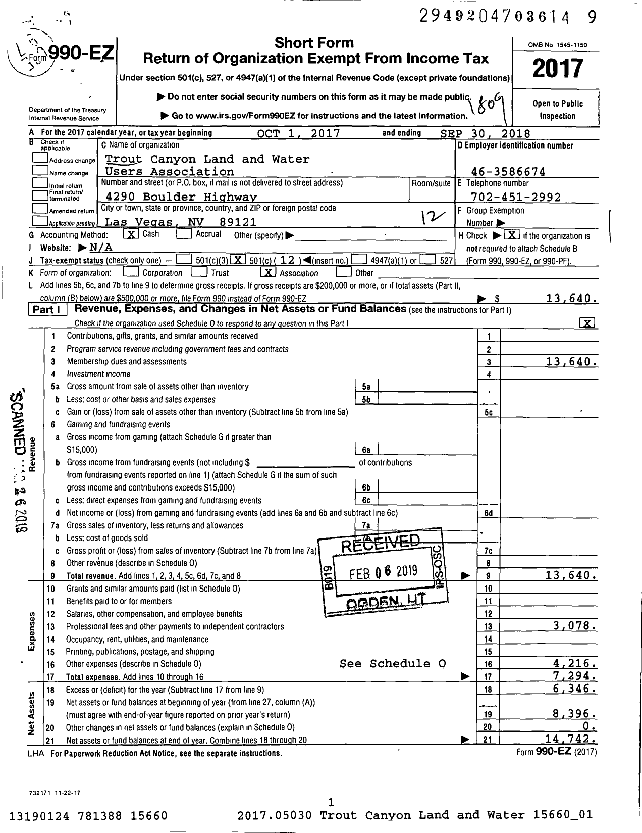 Image of first page of 2017 Form 990EO for Trout Canyon Land and Water Users Association