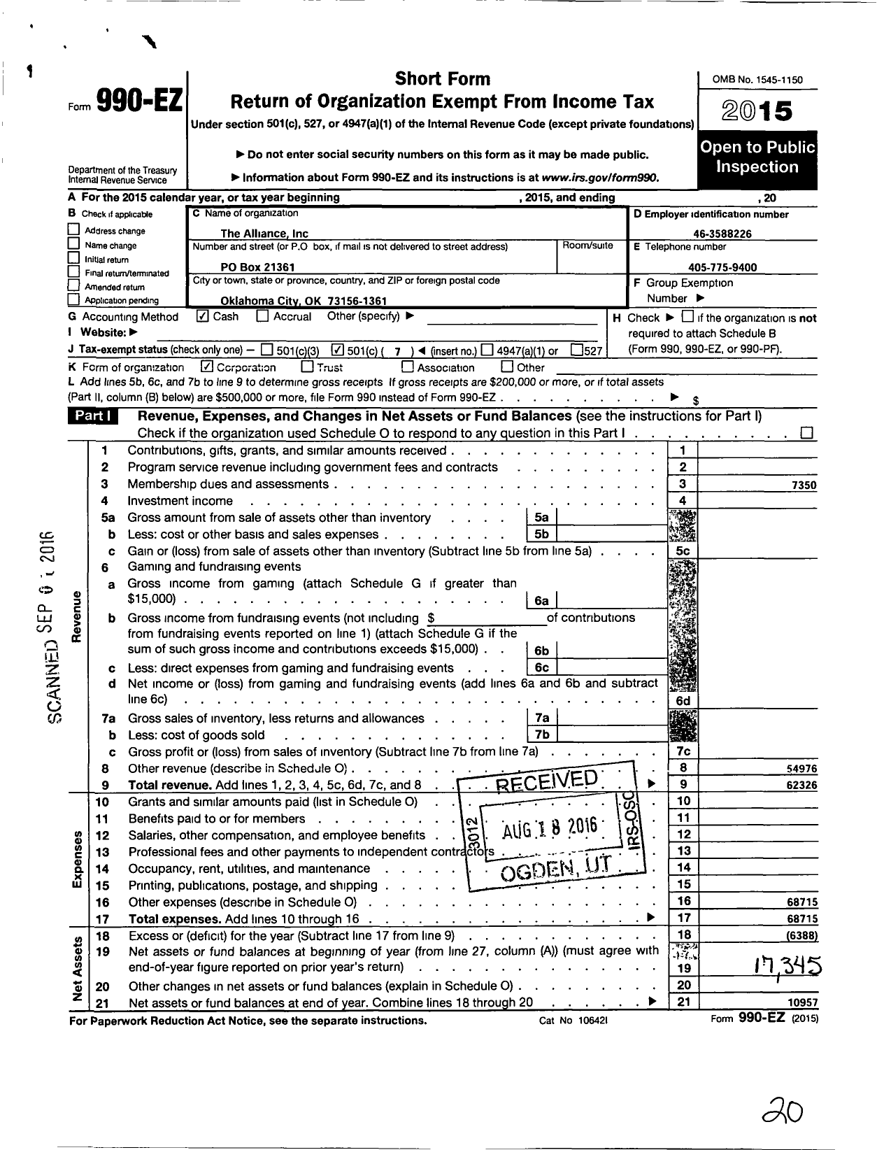 Image of first page of 2015 Form 990EO for Alliance