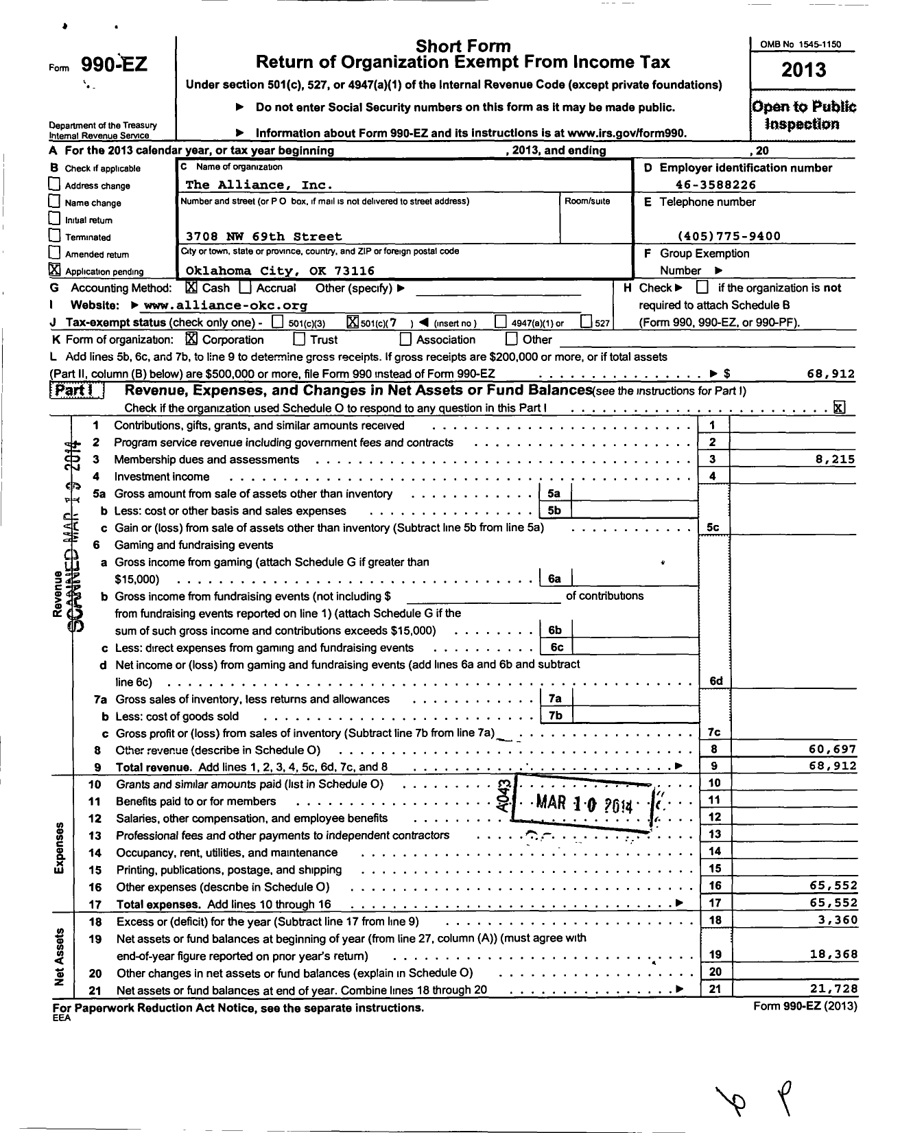 Image of first page of 2013 Form 990EO for Alliance