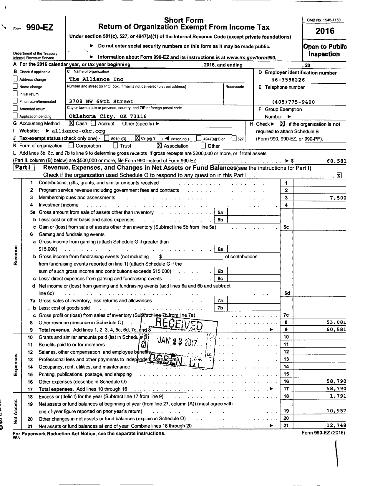 Image of first page of 2016 Form 990EO for Alliance