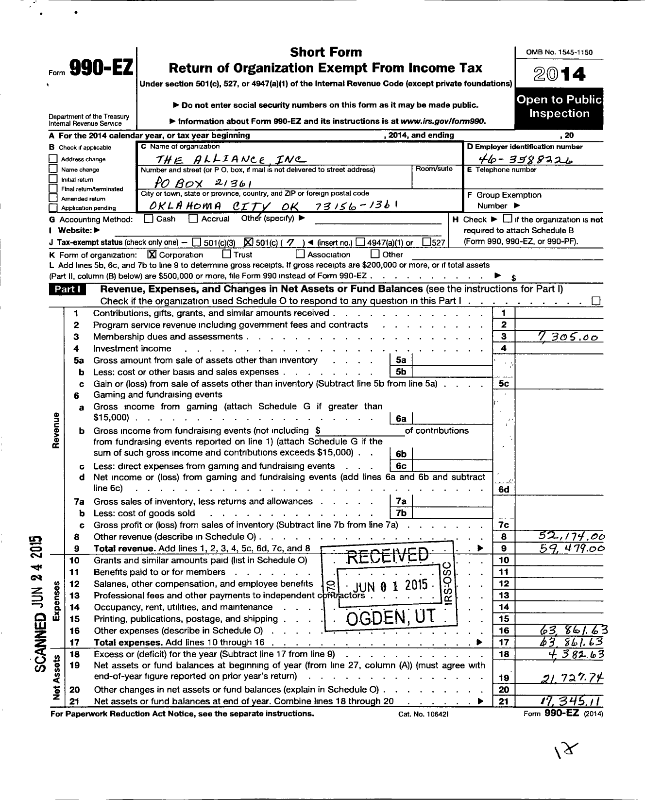 Image of first page of 2014 Form 990EO for Alliance